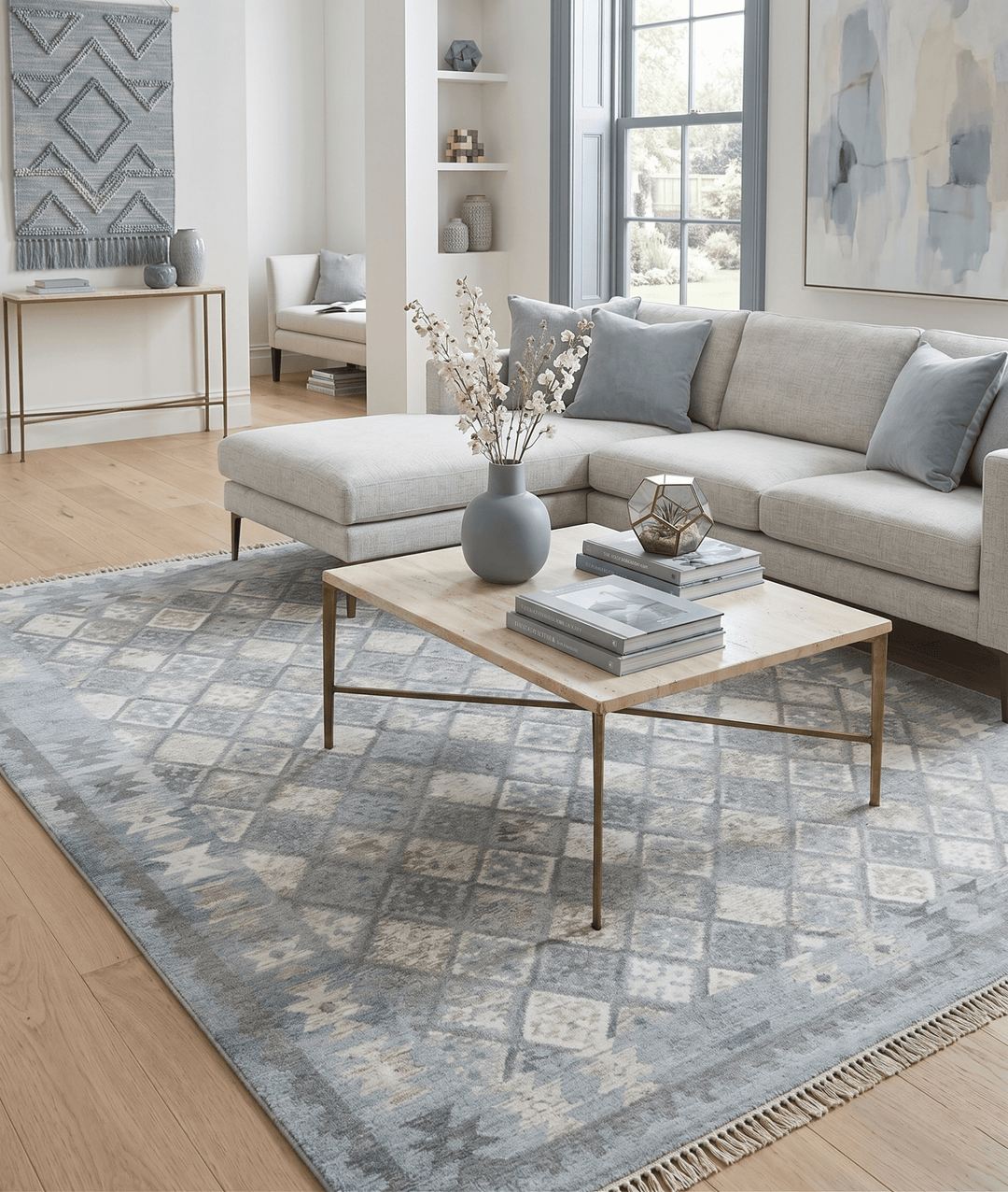 Silver and Beige Modern Geometrical Dhurrie Wool and Viscose Rug - The Rug Decor