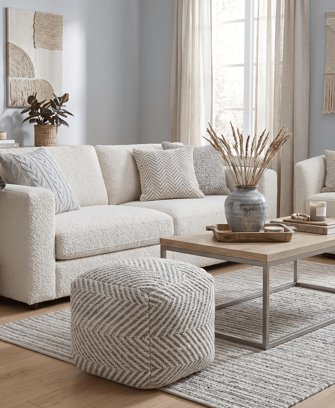 Silver and Beige Modern Style Leather and Chenille Pouf - The Rug Decor
