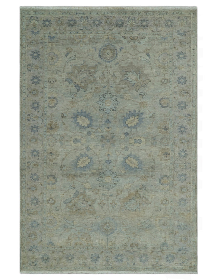 Silver And Beige Traditional Design Hand Knotted 4x5.6 Wool Area Rug - The Rug Decor