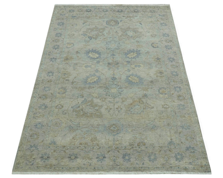 Silver And Beige Traditional Design Hand Knotted 4x5.6 Wool Area Rug - The Rug Decor