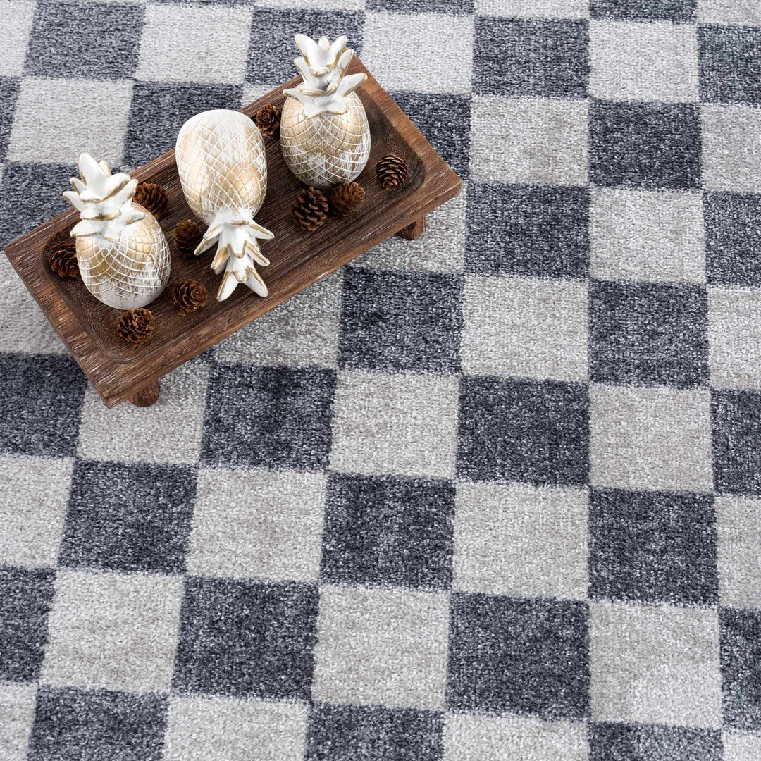 Silver and Charcoal Modern Checkered Pattern Washable Area Rug - The Rug Decor
