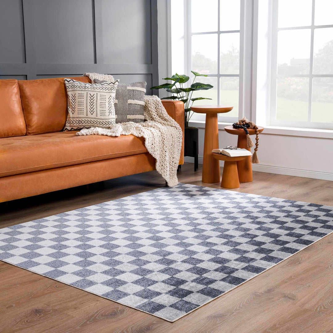 Silver and Charcoal Modern Checkered Pattern Washable Area Rug - The Rug Decor