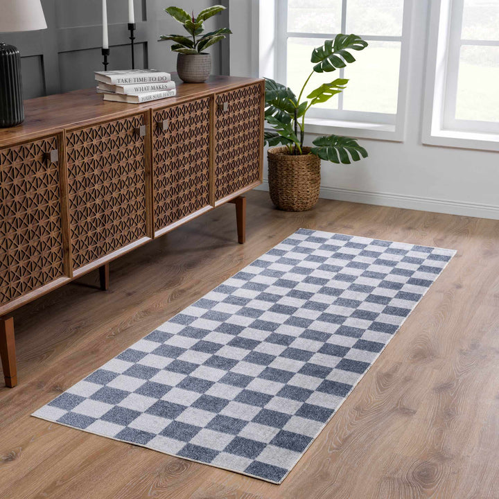 Silver and Charcoal Modern Checkered Pattern Washable Area Rug - The Rug Decor