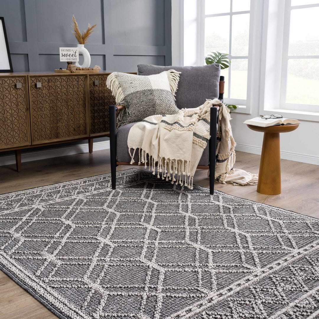 Silver and Charcoal Modern Geometrical Texture Outdoor Safe Area Rug - The Rug Decor