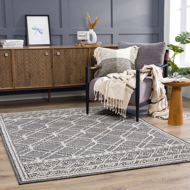 Silver and Charcoal Modern Geometrical Texture Outdoor Safe Area Rug - The Rug Decor