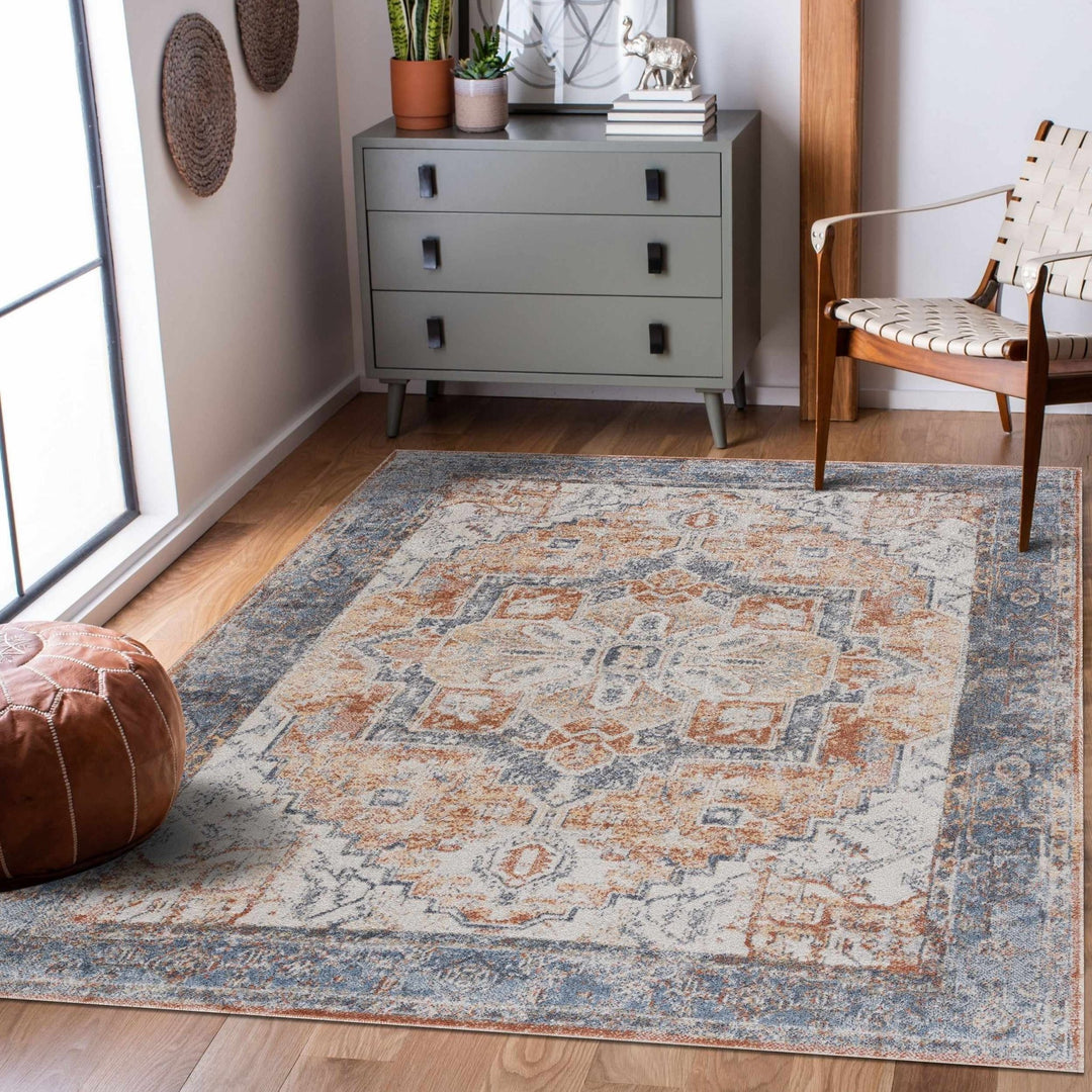 Silver, Blue, Beige and Brown Traditional Design Washable Area Rug - The Rug Decor
