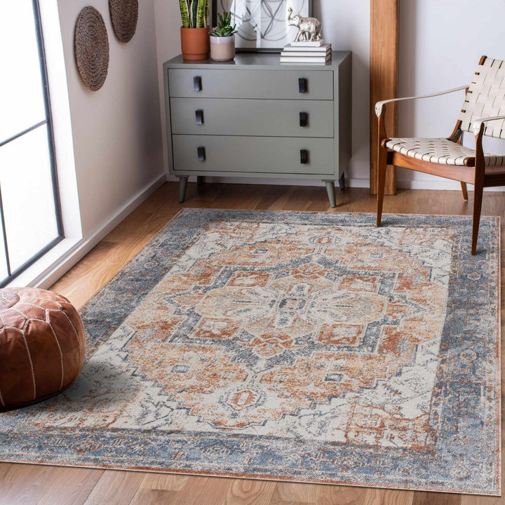 Silver, Blue, Beige and Brown Traditional Design Washable Area Rug - The Rug Decor
