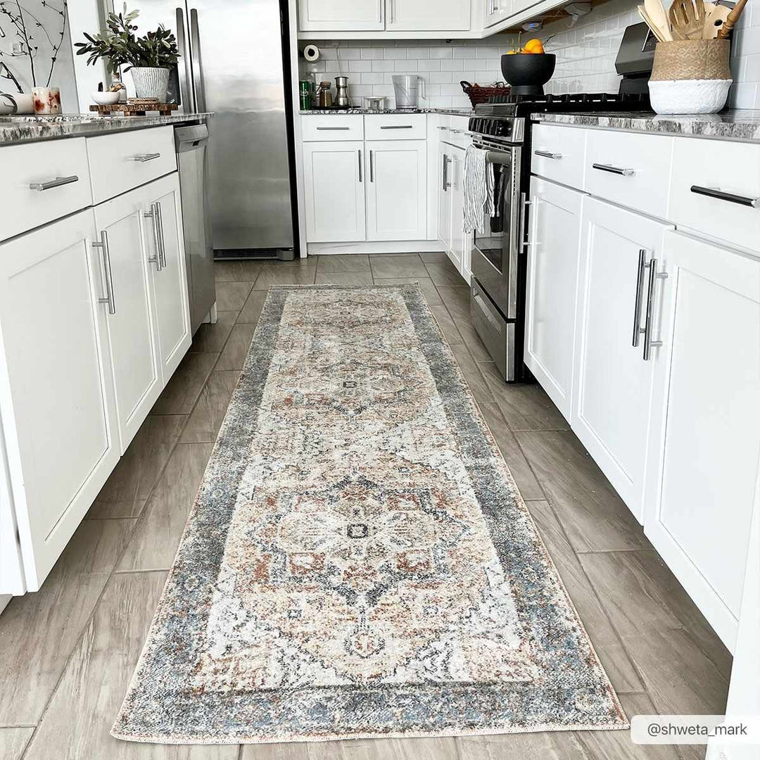 Silver, Blue, Beige and Brown Traditional Design Washable Area Rug - The Rug Decor