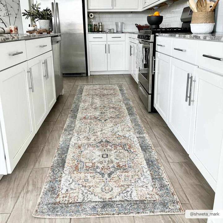 Silver, Blue, Beige and Brown Traditional Design Washable Area Rug - The Rug Decor