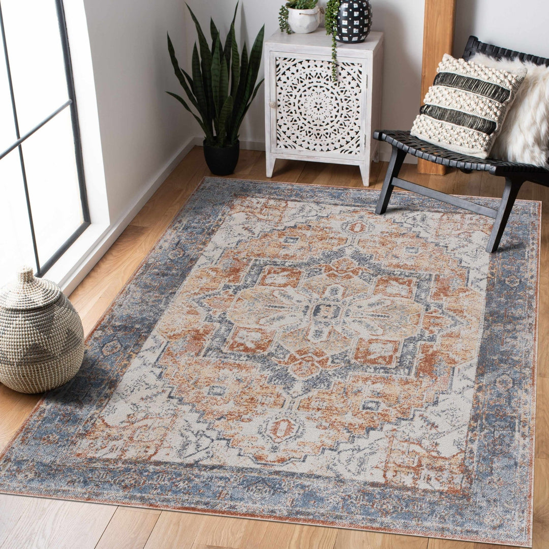 Silver, Blue, Beige and Brown Traditional Design Washable Area Rug - The Rug Decor