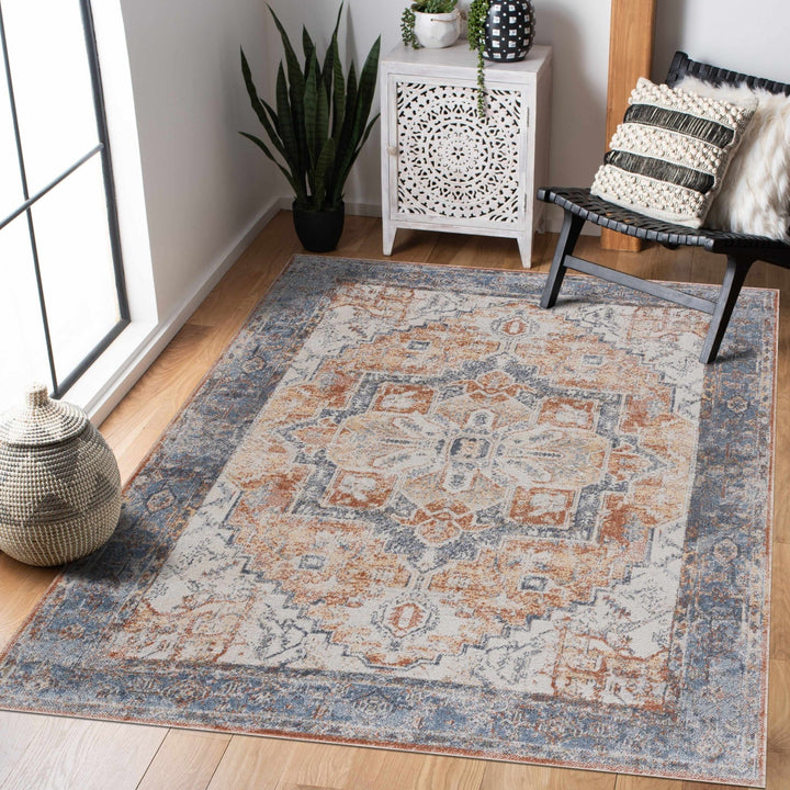 Silver, Blue, Beige and Brown Traditional Design Washable Area Rug - The Rug Decor