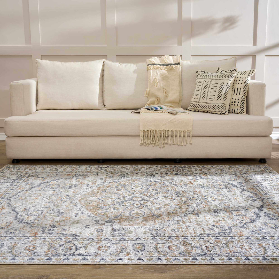 Silver, Charcoal and Beige Medallion Traditional Design Washable Area Rug - The Rug Decor
