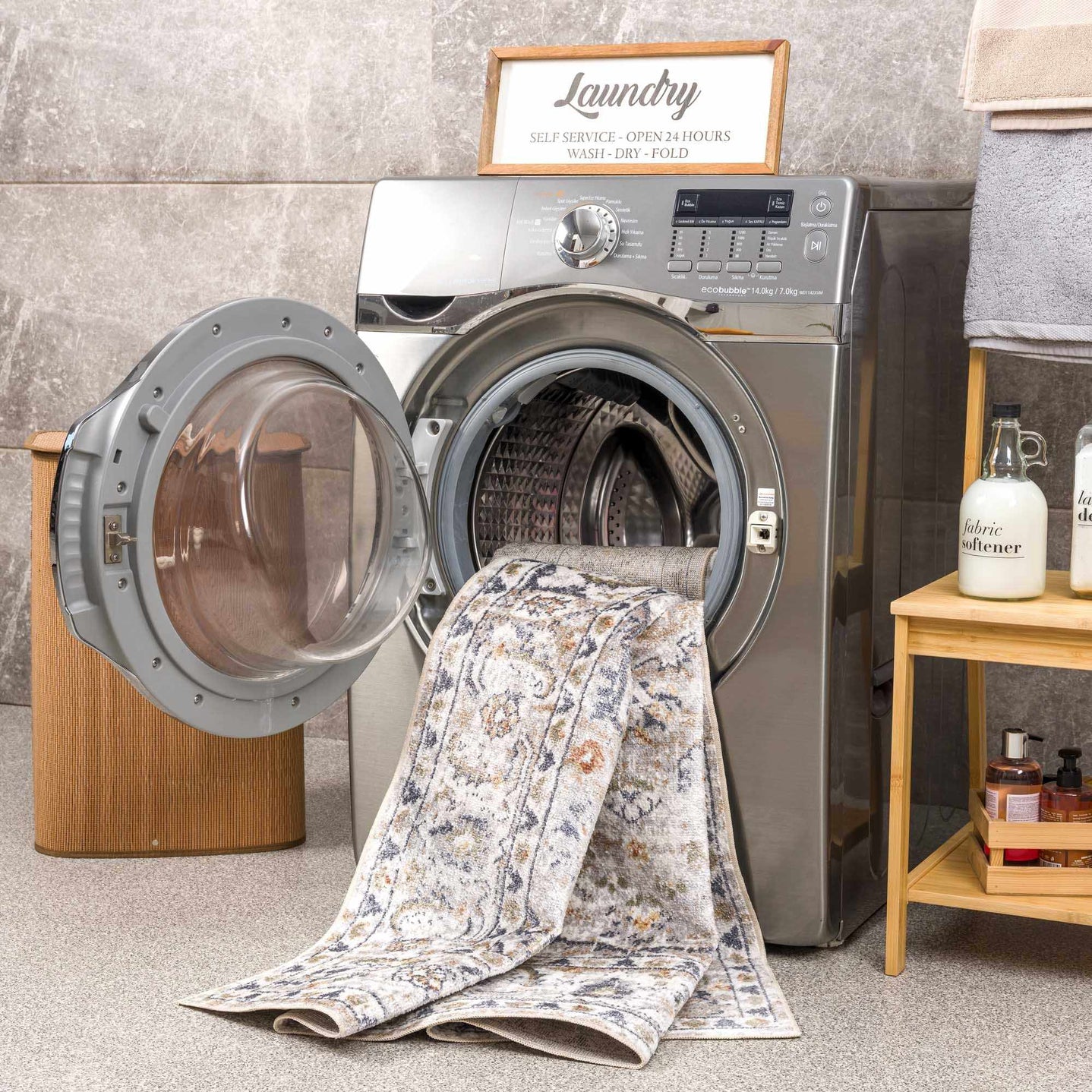 Silver, Charcoal and Beige Medallion Traditional Design Washable Area Rug - The Rug Decor