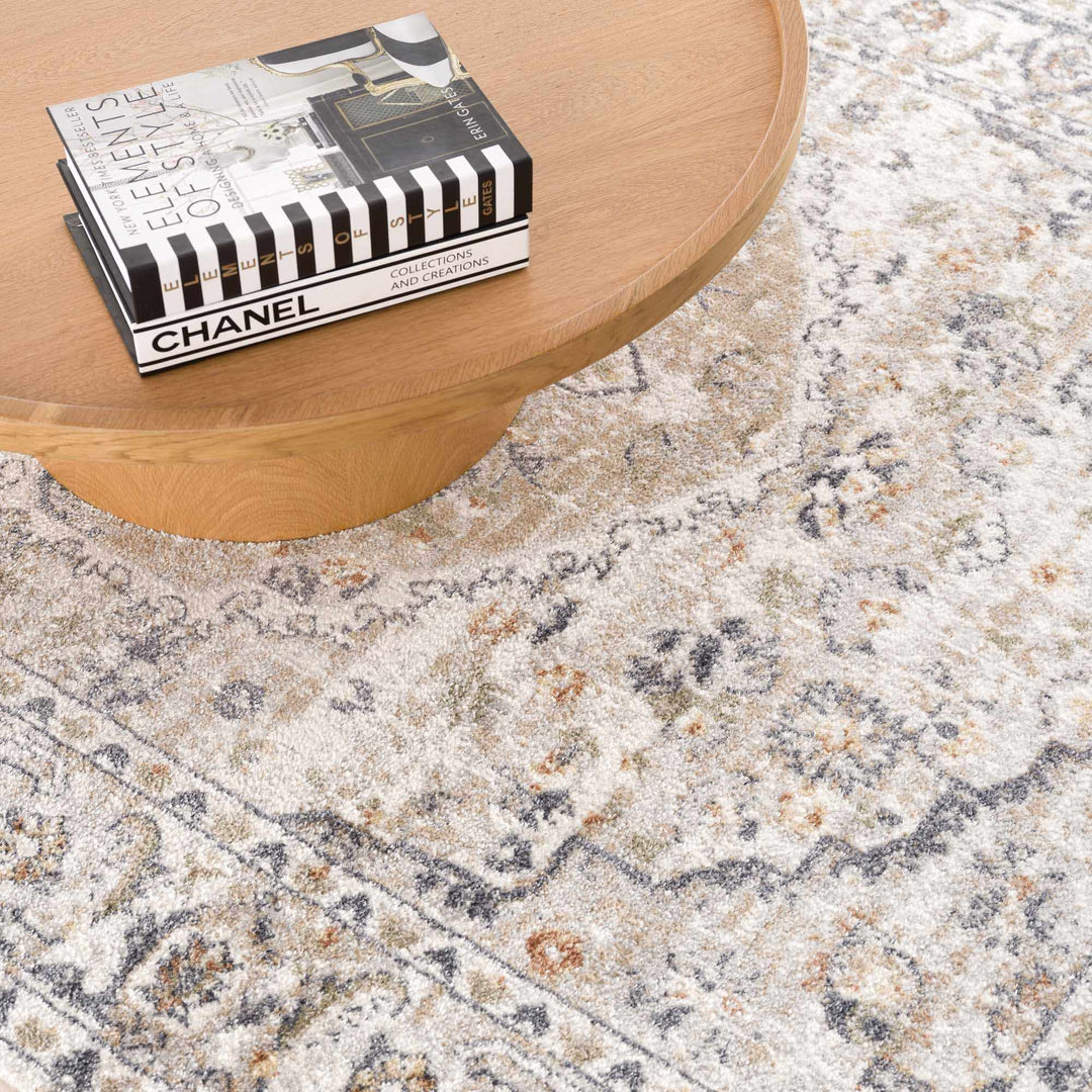 Silver, Charcoal and Beige Medallion Traditional Design Washable Area Rug - The Rug Decor