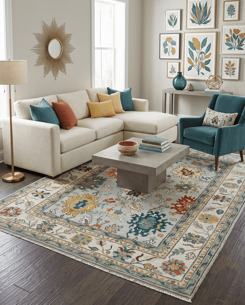 Silver, Ivory and Beige vibrant Colorful Hand knotted 8x10 and 9x12 Traditional Oushak wool Rug - The Rug Decor