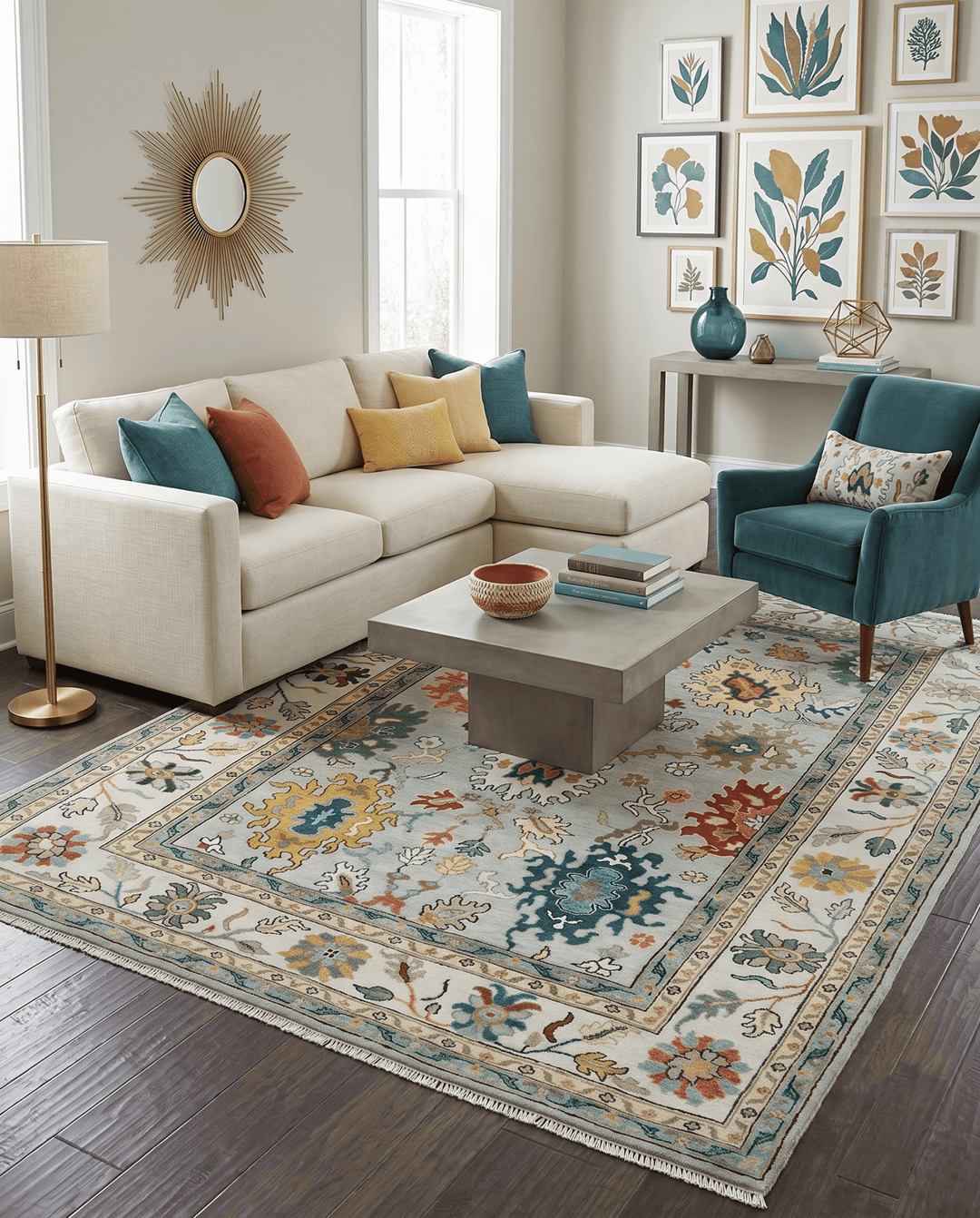 Silver, Ivory and Beige vibrant Colorful Hand knotted 8x10 and 9x12 Traditional Oushak wool Rug - The Rug Decor