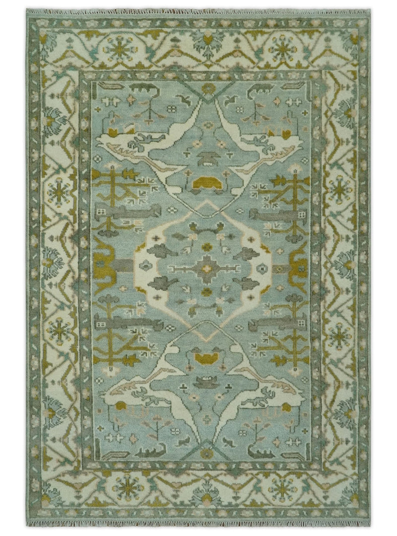 Silver, Ivory and Olive 6x9 Hand knotted Traditional Oriental Oushak wool area rug - The Rug Decor