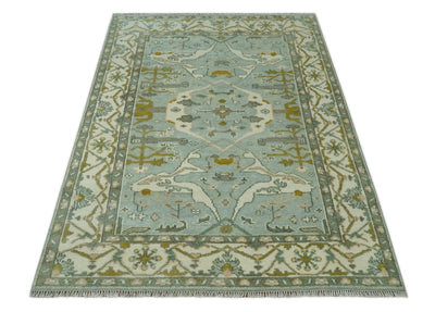 Silver, Ivory and Olive 6x9 Hand knotted Traditional Oriental Oushak wool area rug - The Rug Decor