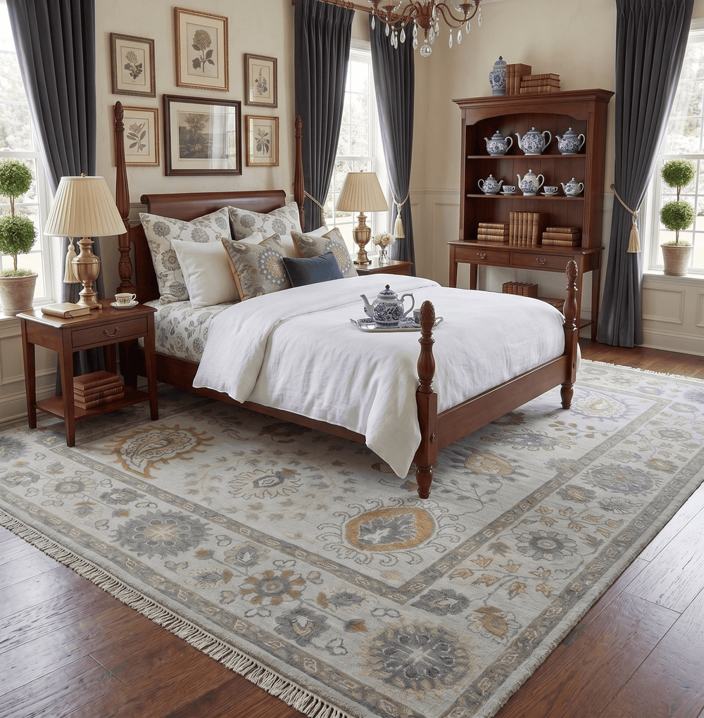Silver, Olive and Gray Floral Herati Medallion Hand knotted Custom Made wool Area Rug - The Rug Decor