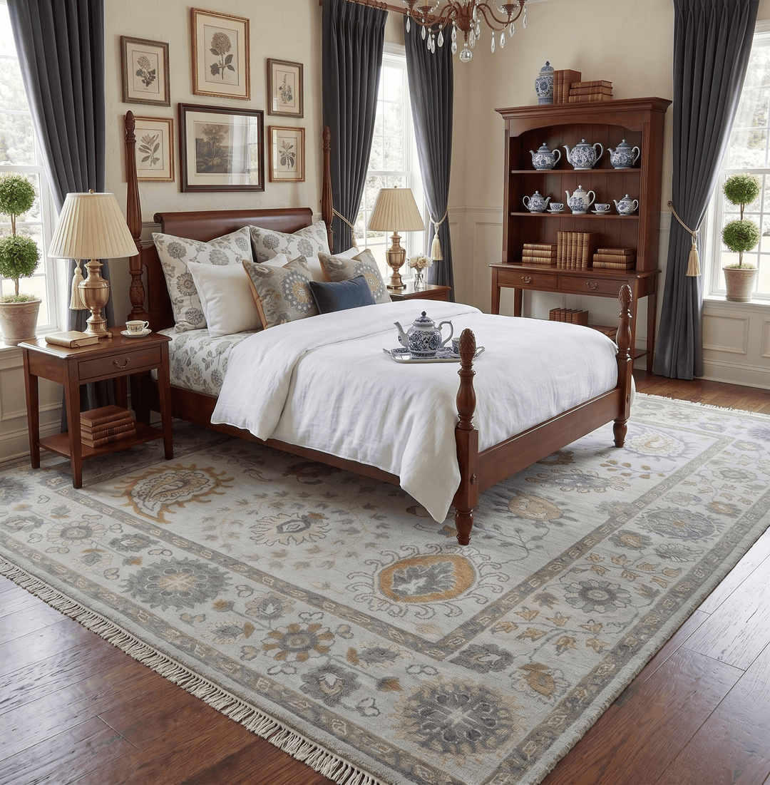 Silver, Olive and Gray Floral Herati Medallion Hand knotted Custom Made wool Area Rug - The Rug Decor