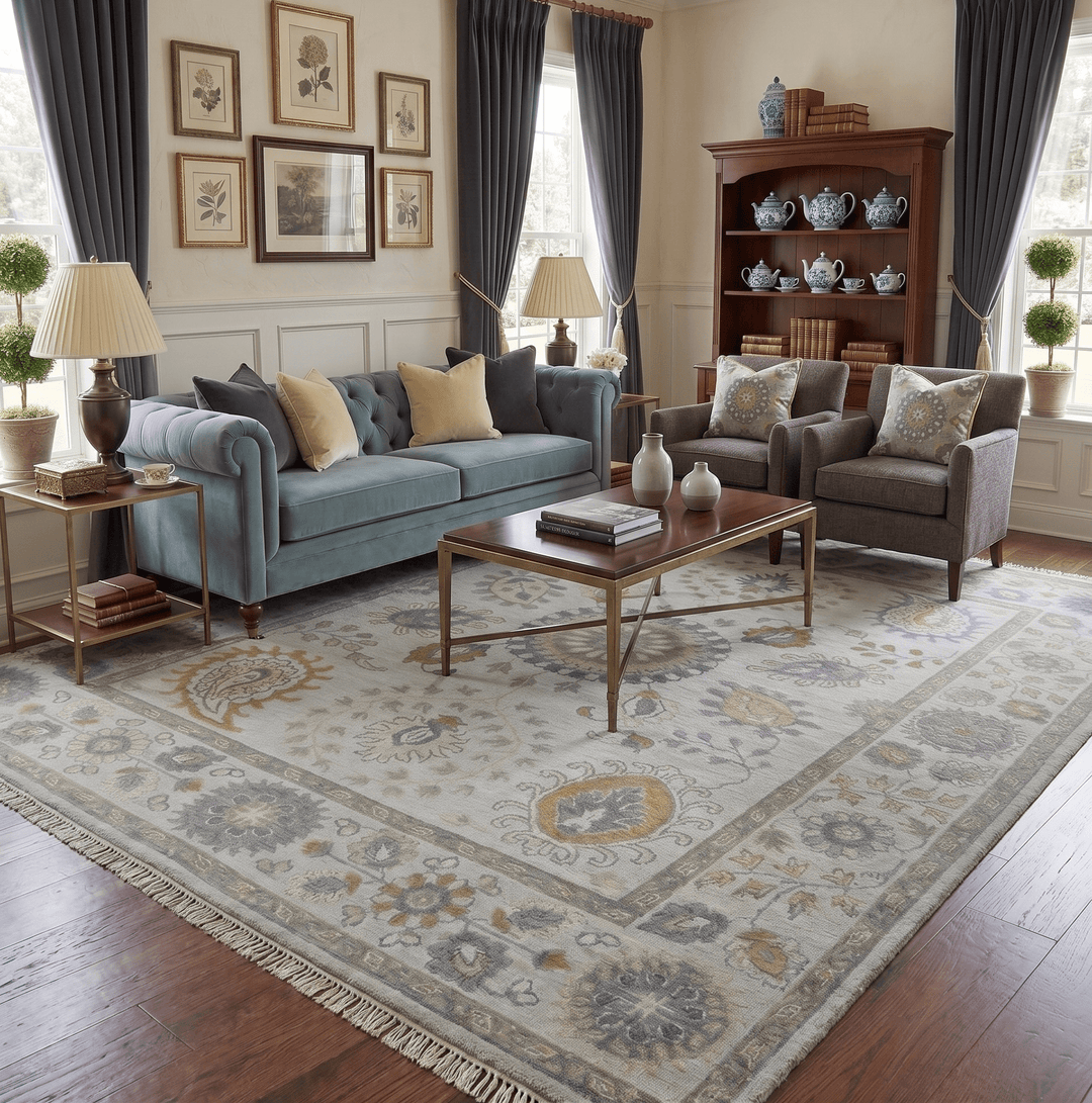 Silver, Olive and Gray Floral Herati Medallion Hand knotted Custom Made wool Area Rug - The Rug Decor