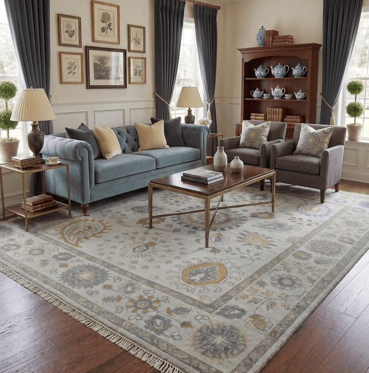 Silver, Olive and Gray Floral Herati Medallion Hand knotted Custom Made wool Area Rug - The Rug Decor