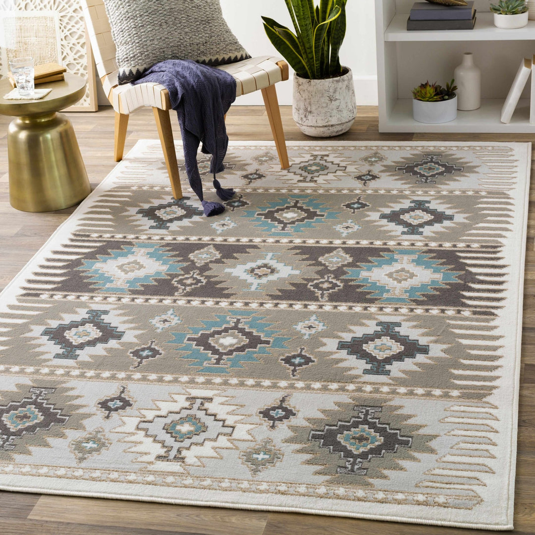 Silver, Taupe and Teal Traditional Southwestern area rug - The Rug Decor