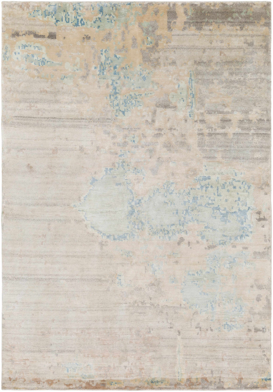 Beige and light blue abstract area rug with distressed texture, rectangular design