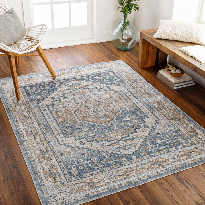 Nana Traditional Medallion Beige And Blue Washable Area Rug