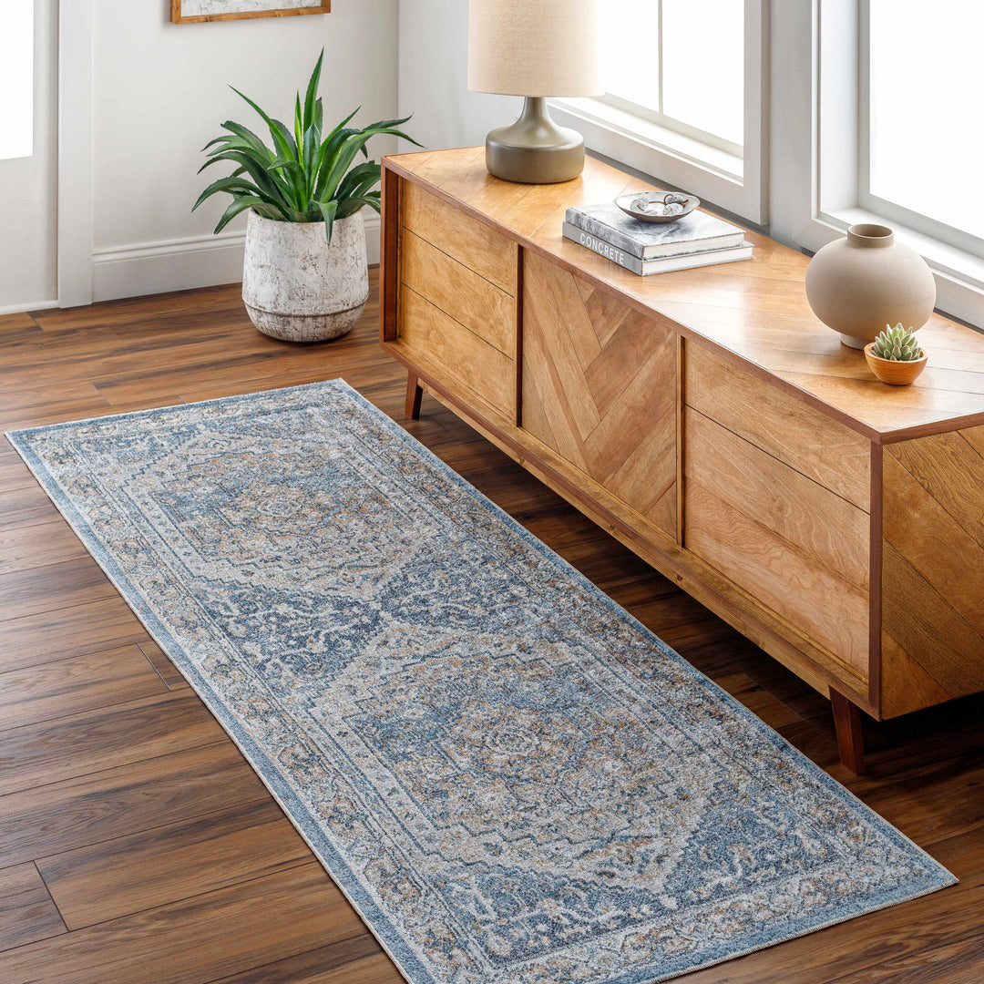 Nana Traditional Medallion Beige And Blue Washable Area Rug