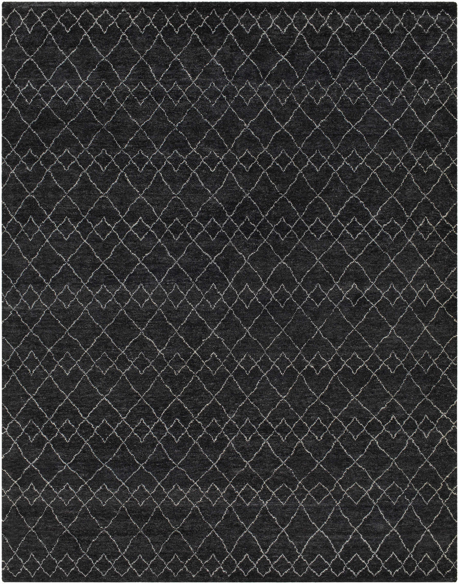 Charcoal hand-knotted wool rug with diamond geometric pattern and light line detailing