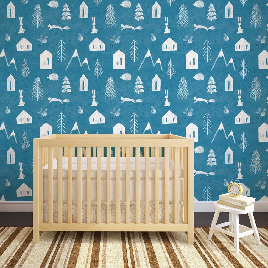 Snowy Village Blue And Mint Green Self - Adhesive Wallpaper - The Rug Decor