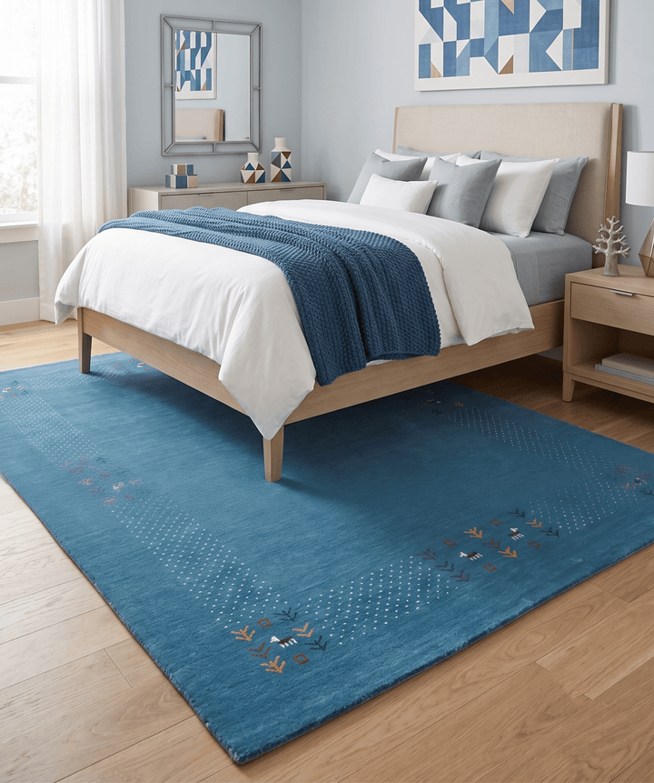 Solid Blue Border Design Hand Loomed Wool Area Rug - The Rug Decor