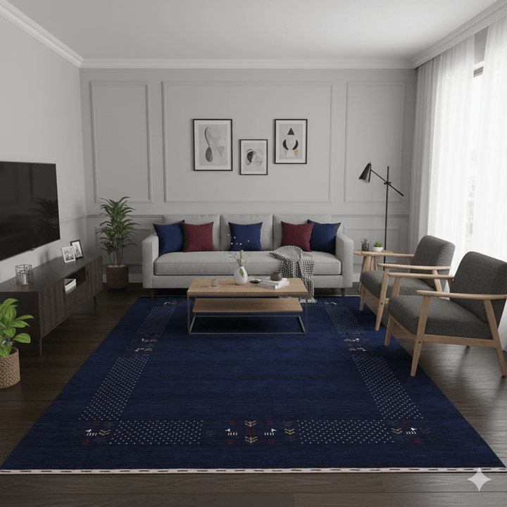 Solid Blue Border Patterns Hand Loomed Wool Area Rug - The Rug Decor