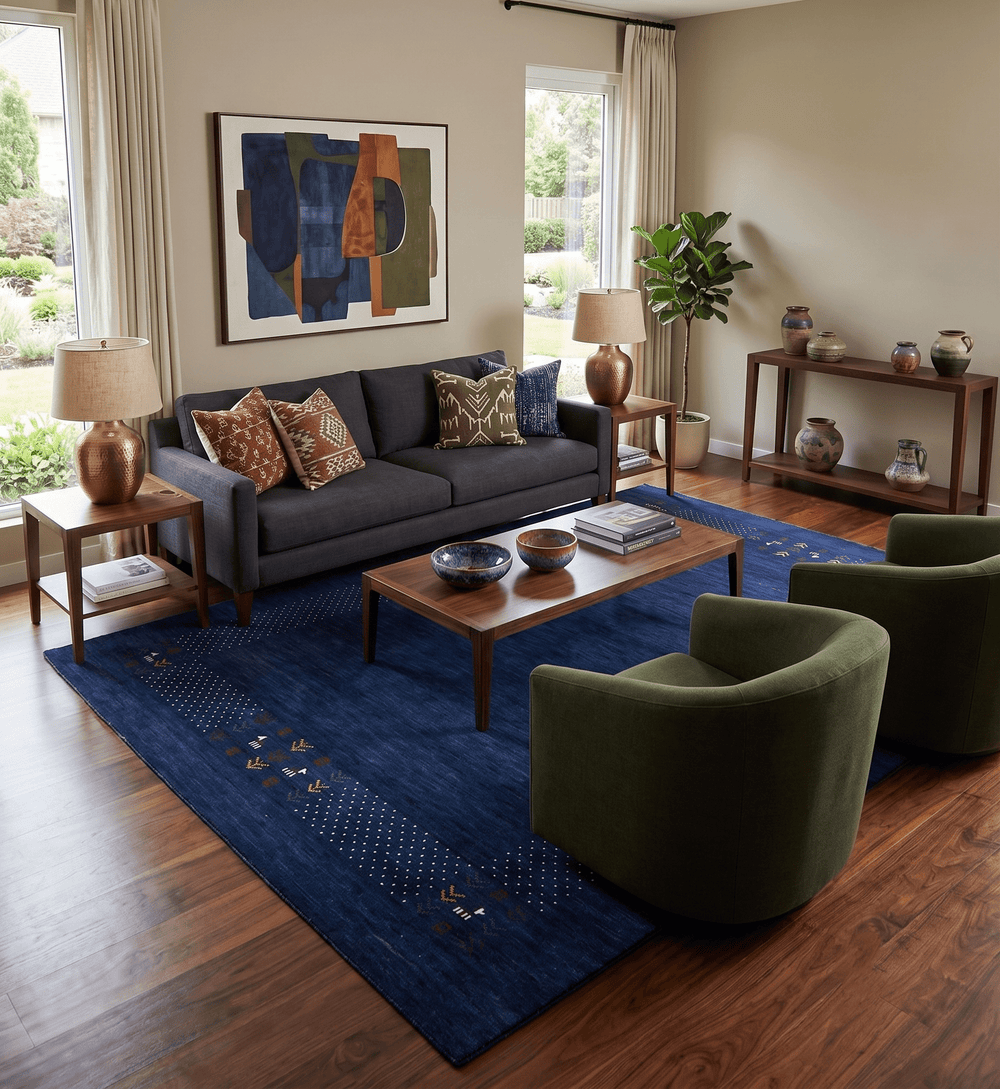Solid Blue Border Patterns Hand Loomed Wool Area Rug - The Rug Decor