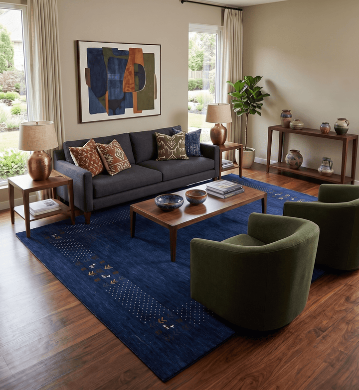 Solid Blue Border Patterns Hand Loomed Wool Area Rug - The Rug Decor