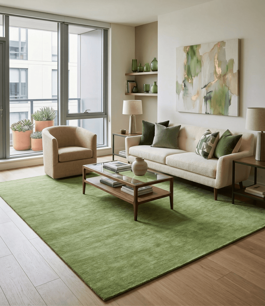 Solid Green Woolen Hand Tufted contemporary 8x10 wool Rug - The Rug Decor