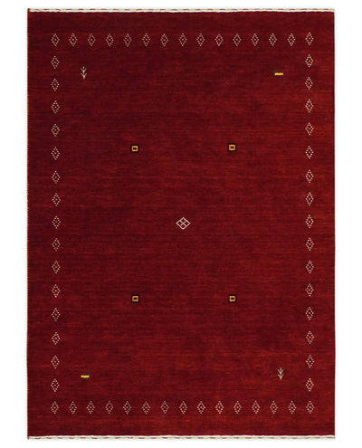 Solid Plain Maroon Geometrical Design Hand loom 4.6x7 wool area Rug - The Rug Decor