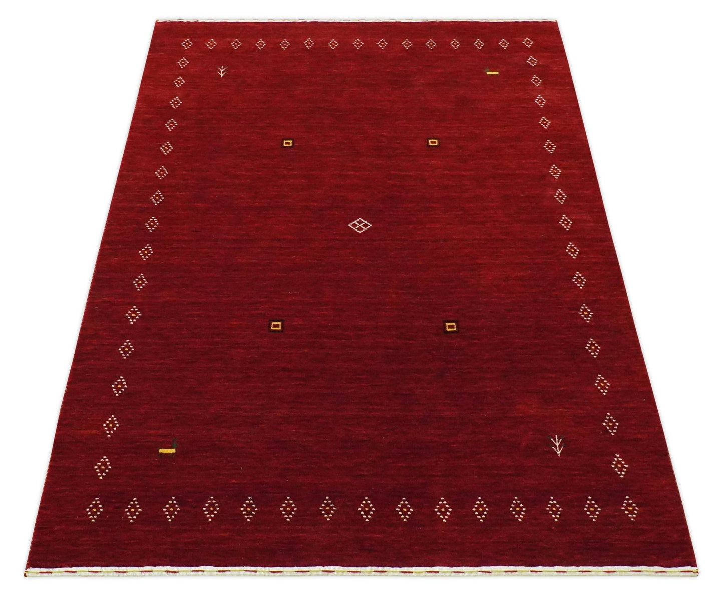 Solid Plain Maroon Geometrical Design Hand loom 4.6x7 wool area Rug - The Rug Decor