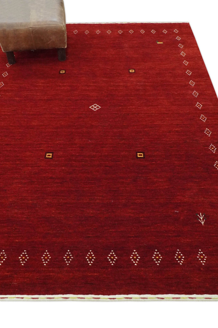 Solid Plain Maroon Geometrical Design Hand loom Custom made wool area Rug - The Rug Decor