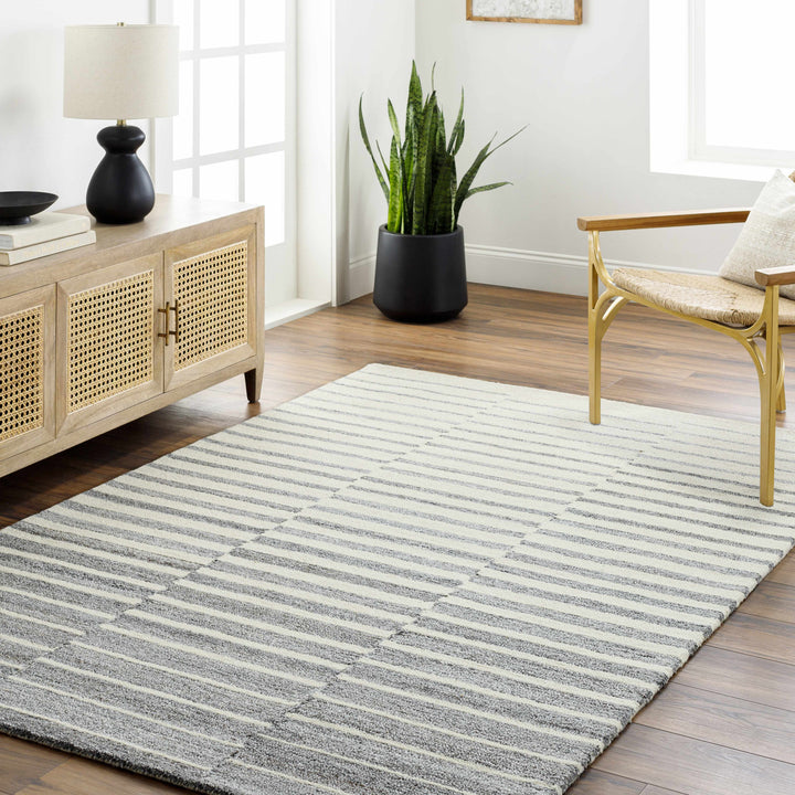 Gawel Modern Stripe Pattern Ivory And Gray Wool Area Rug