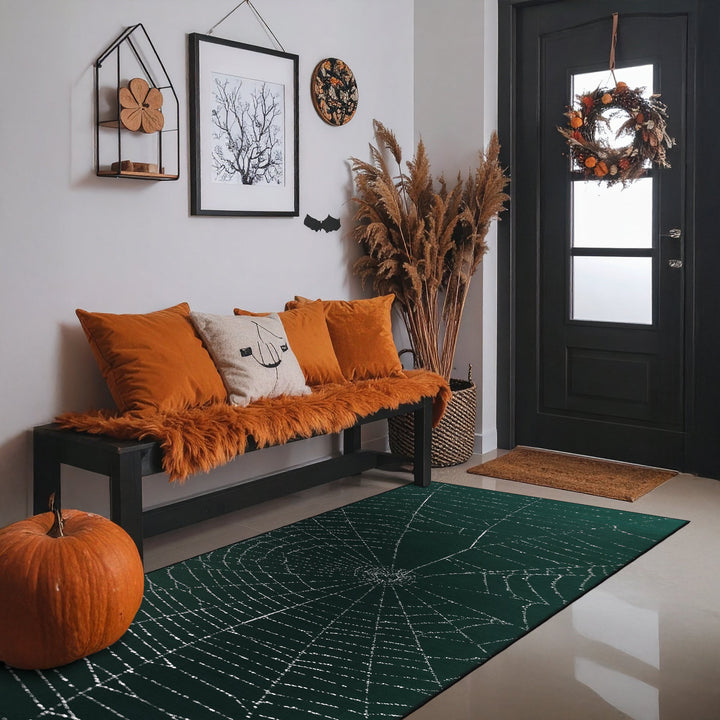 Spider Halloween Green Machine Washable Cotton Rug - The Rug Decor