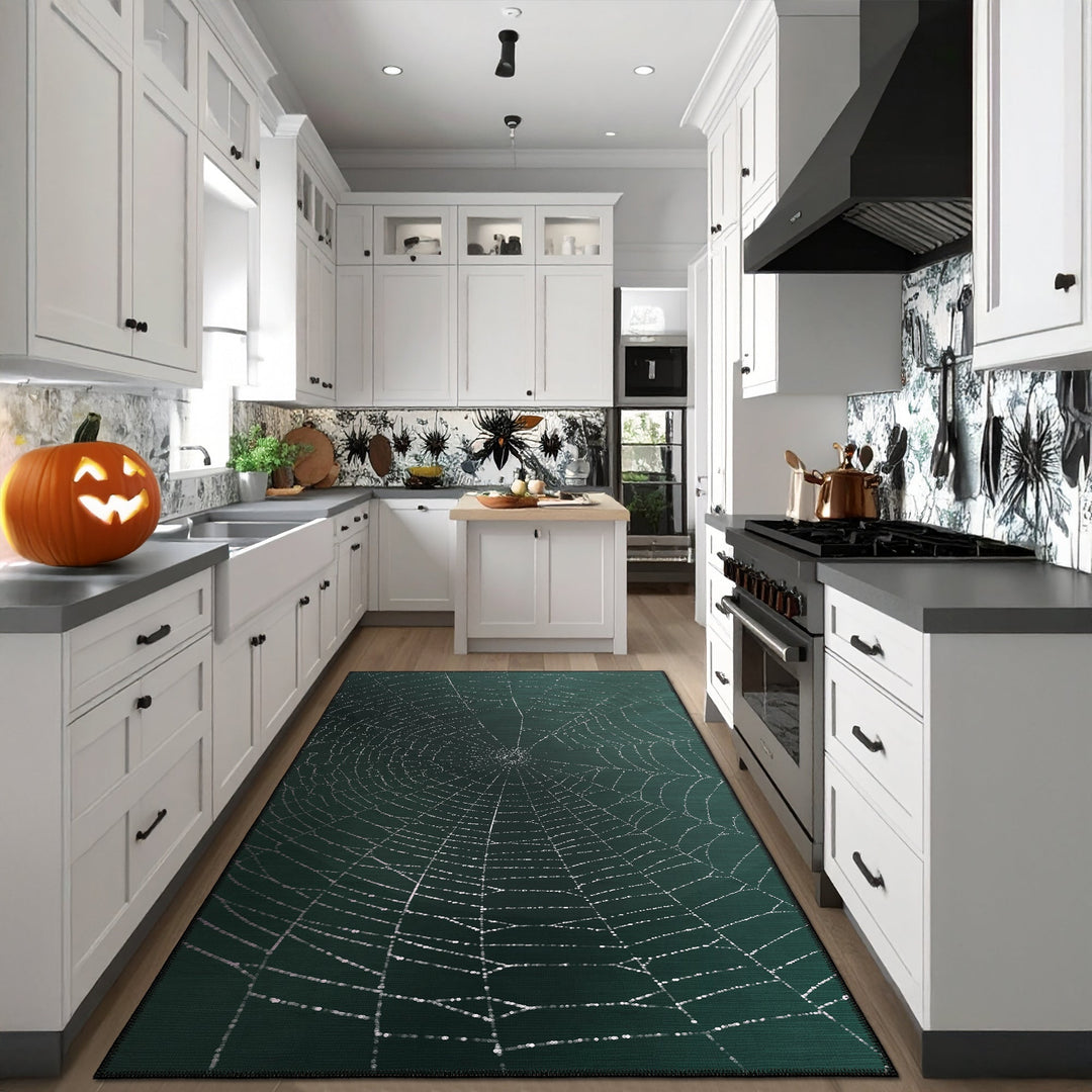 Spider Halloween Green Machine Washable Cotton Rug - The Rug Decor