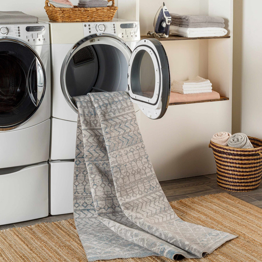 Tambac Gray And Blue Bohemian Style Washable Area Rug