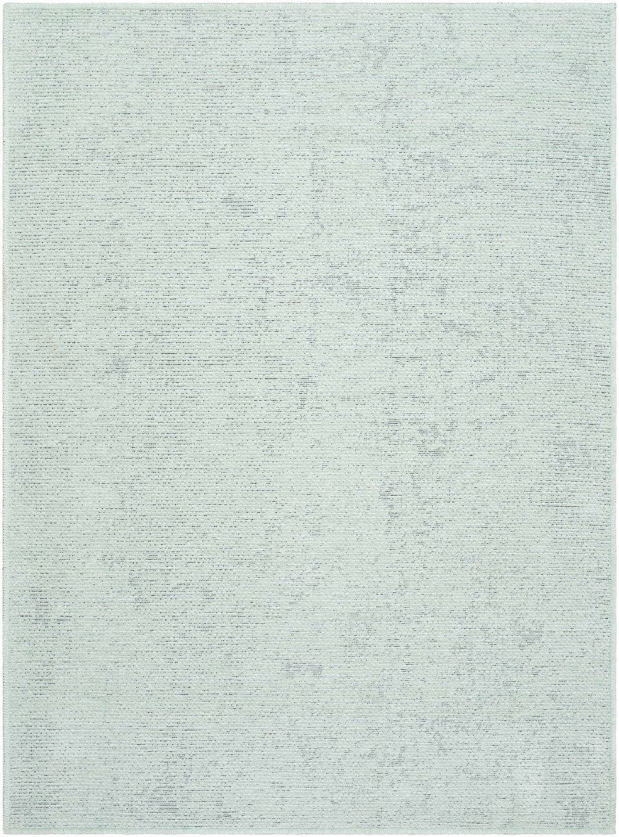 Light blue washable area rug with subtle distressed texture and flat woven look