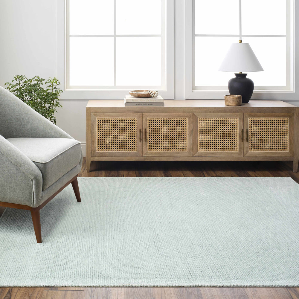 Light blue washable area rug, rectangle shape with distressed mottled surface