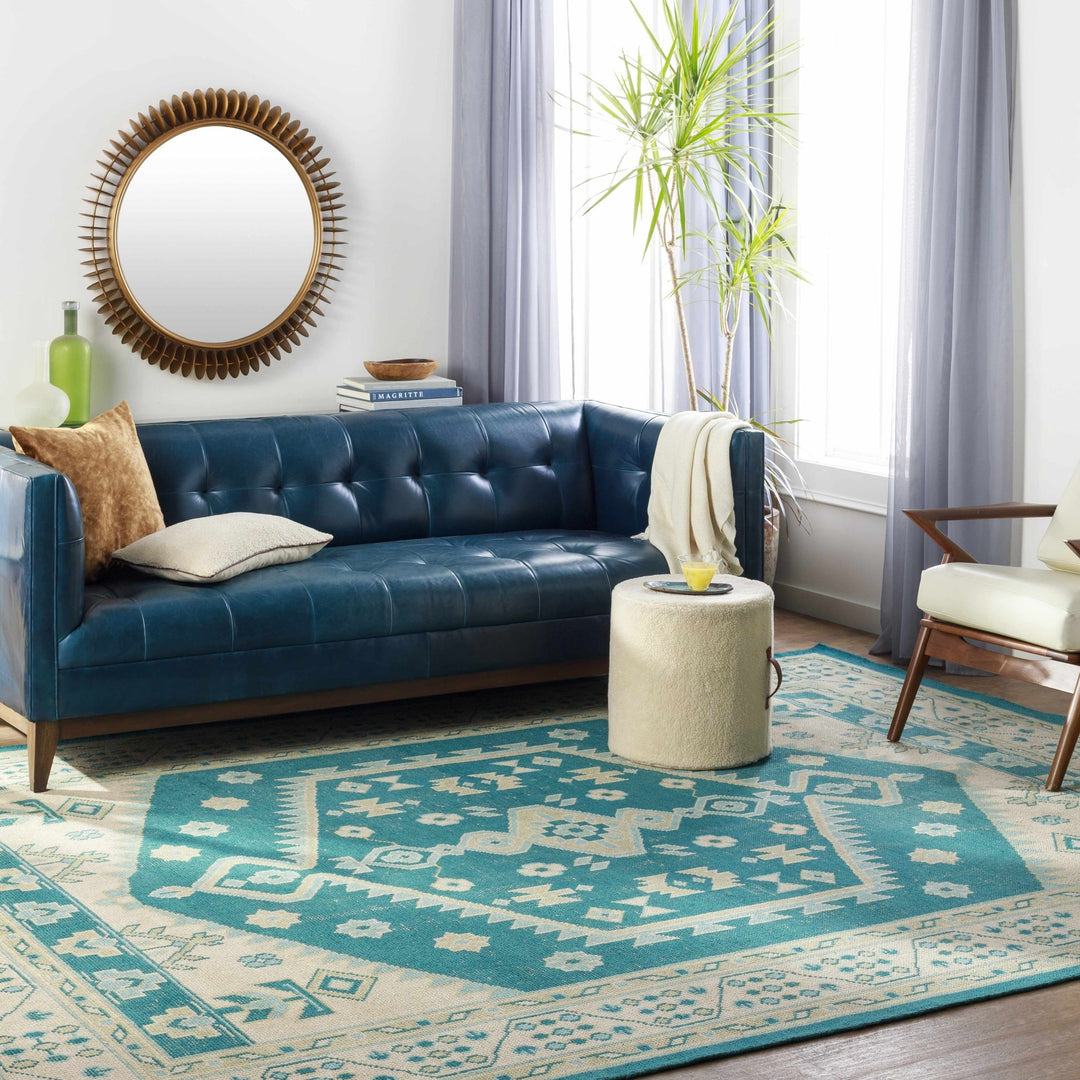 Stepps Traditional Style Beige And Teal Hand Knotted Area Rug - The Rug Decor