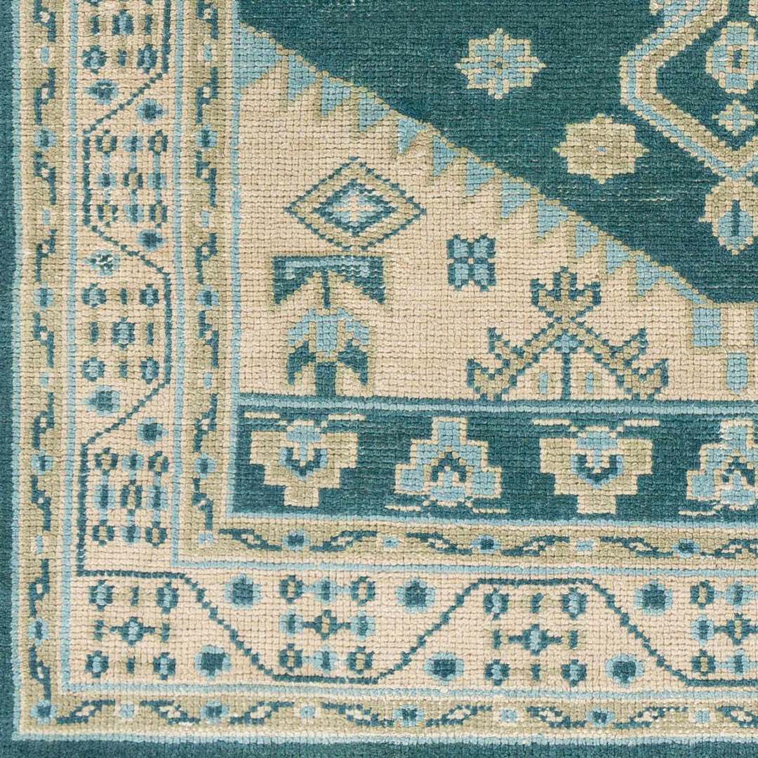 Stepps Traditional Style Beige And Teal Hand Knotted Area Rug - The Rug Decor
