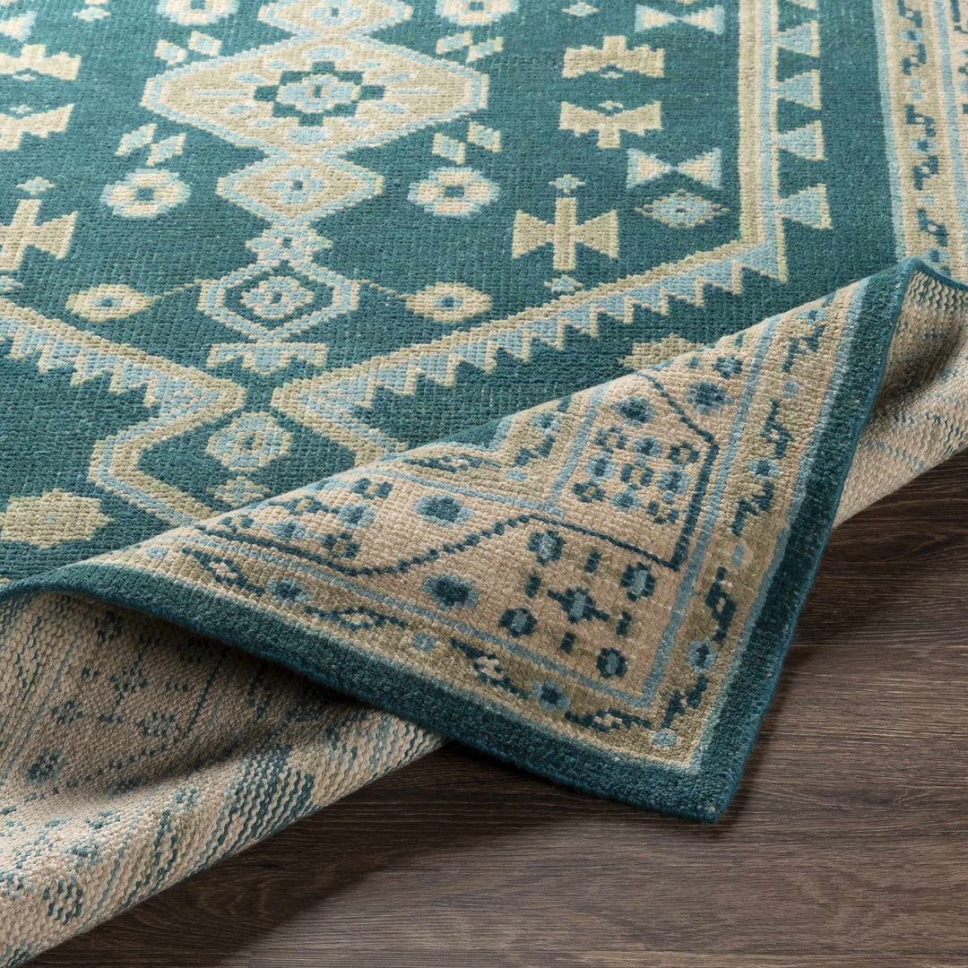 Stepps Traditional Style Beige And Teal Hand Knotted Area Rug - The Rug Decor
