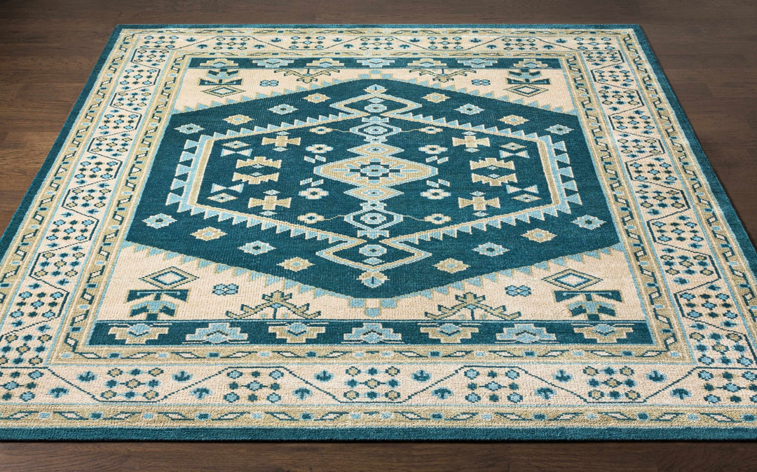 Stepps Traditional Style Beige And Teal Hand Knotted Area Rug - The Rug Decor